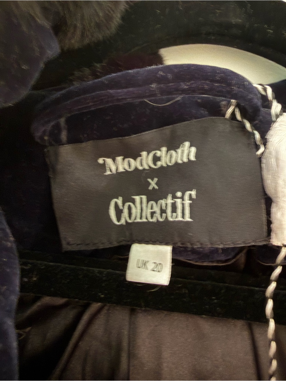ModCloth x Collectif Charming Ways Navy Quilted Velvet Coat UK 20 Faux Fur & Bow - Picture 5 of 10
